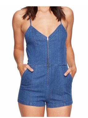 Denim Zip-Front Romper - Blue